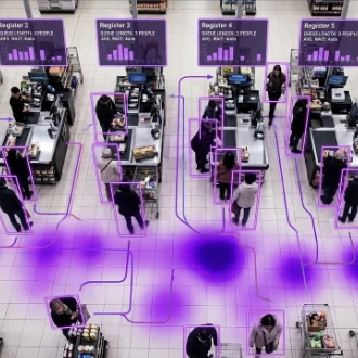 Checkout lanes with queue analytics overlays