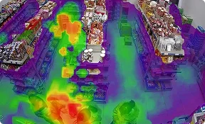 Retail store aisle with analytics-style heatmap overlay
