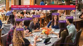 People in a cafe with detection-style overlays