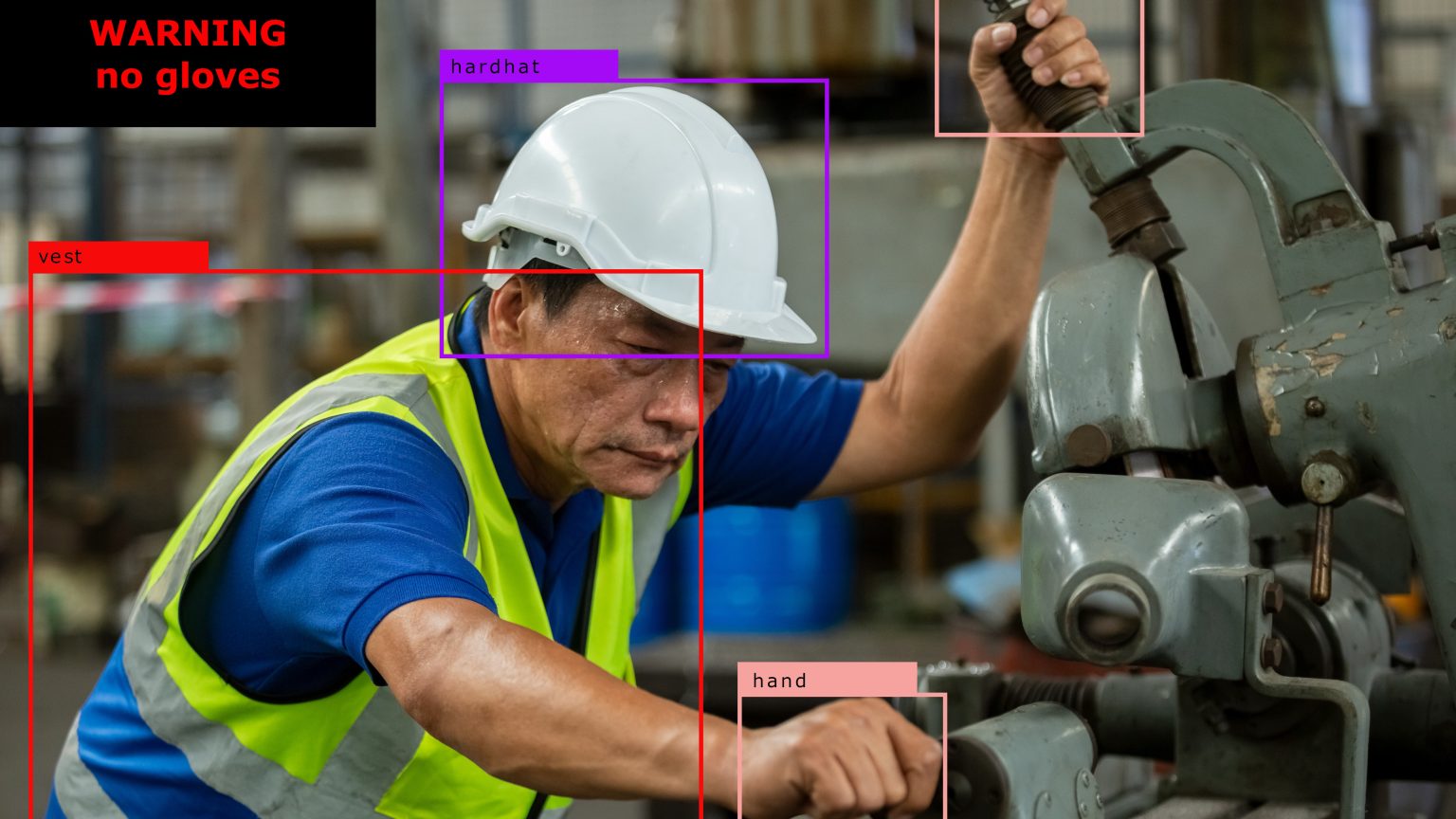 Factory worker with PPE detection overlays and a no-gloves warning