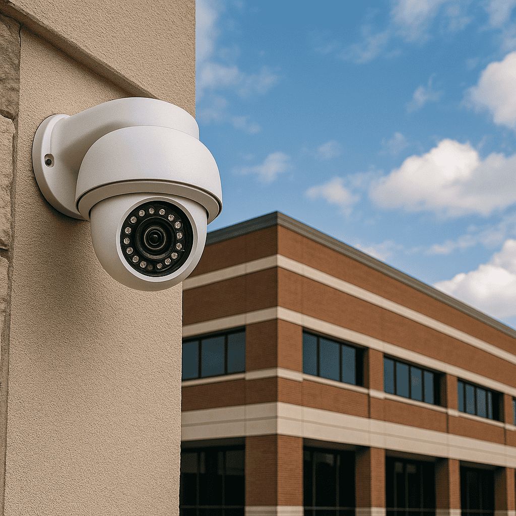 Outdoor dome security camera mounted on a building
