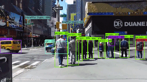 City intersection with real-time object detection overlays