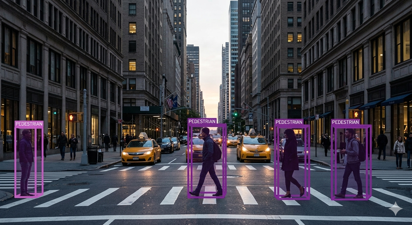 City crosswalk with pedestrian tracking overlays