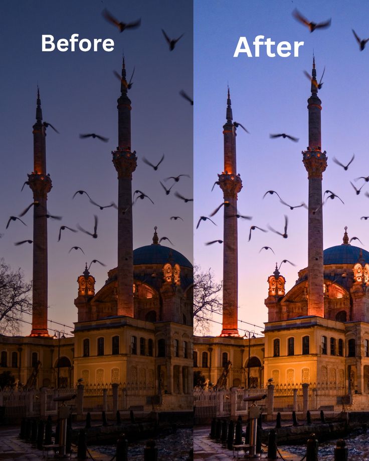 Before and after image quality comparison at dusk