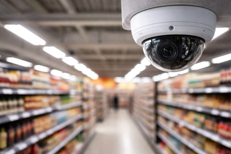 Security camera overlooking a retail store aisle