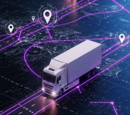 Delivery truck on a highway with digital overlays